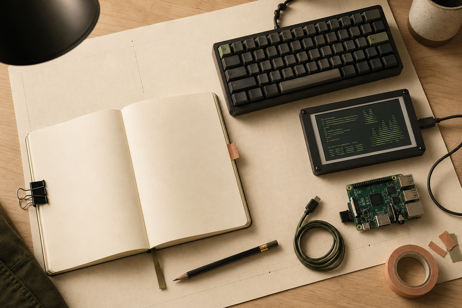 A warm workbench with a notebook, keyboard, small terminal screen, circuit board, and pencil.
